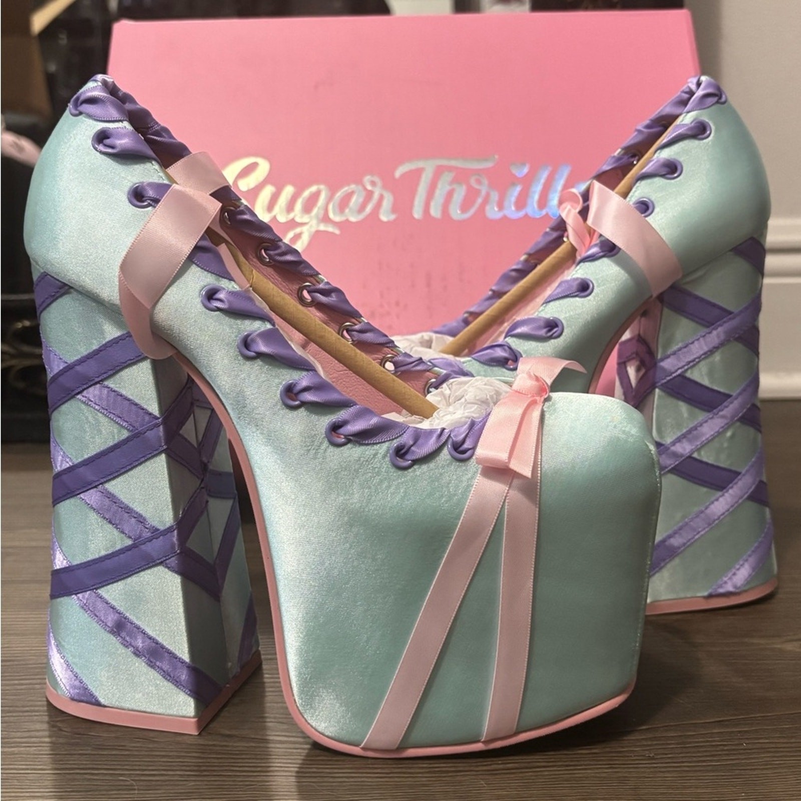 NIB Dolls Kill / Sugar Thrillz Blue & Pink Sweet Sonata Ballet Wrap Heels Size 7