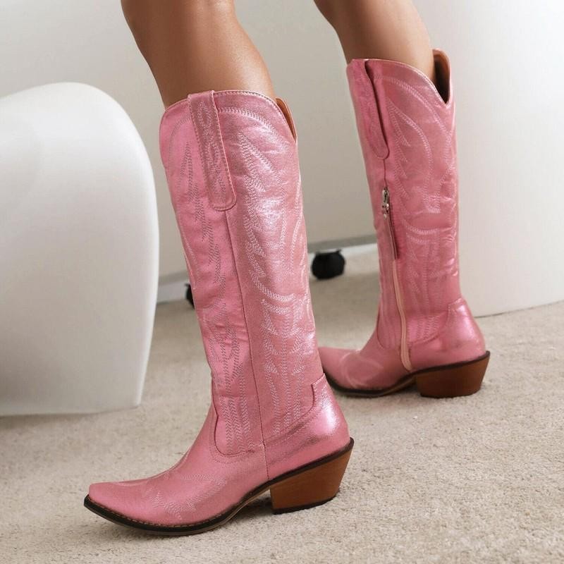 Occident Women’s Pointed Mid Calf Boots Cowboy Western Formal Casual Party Shoes