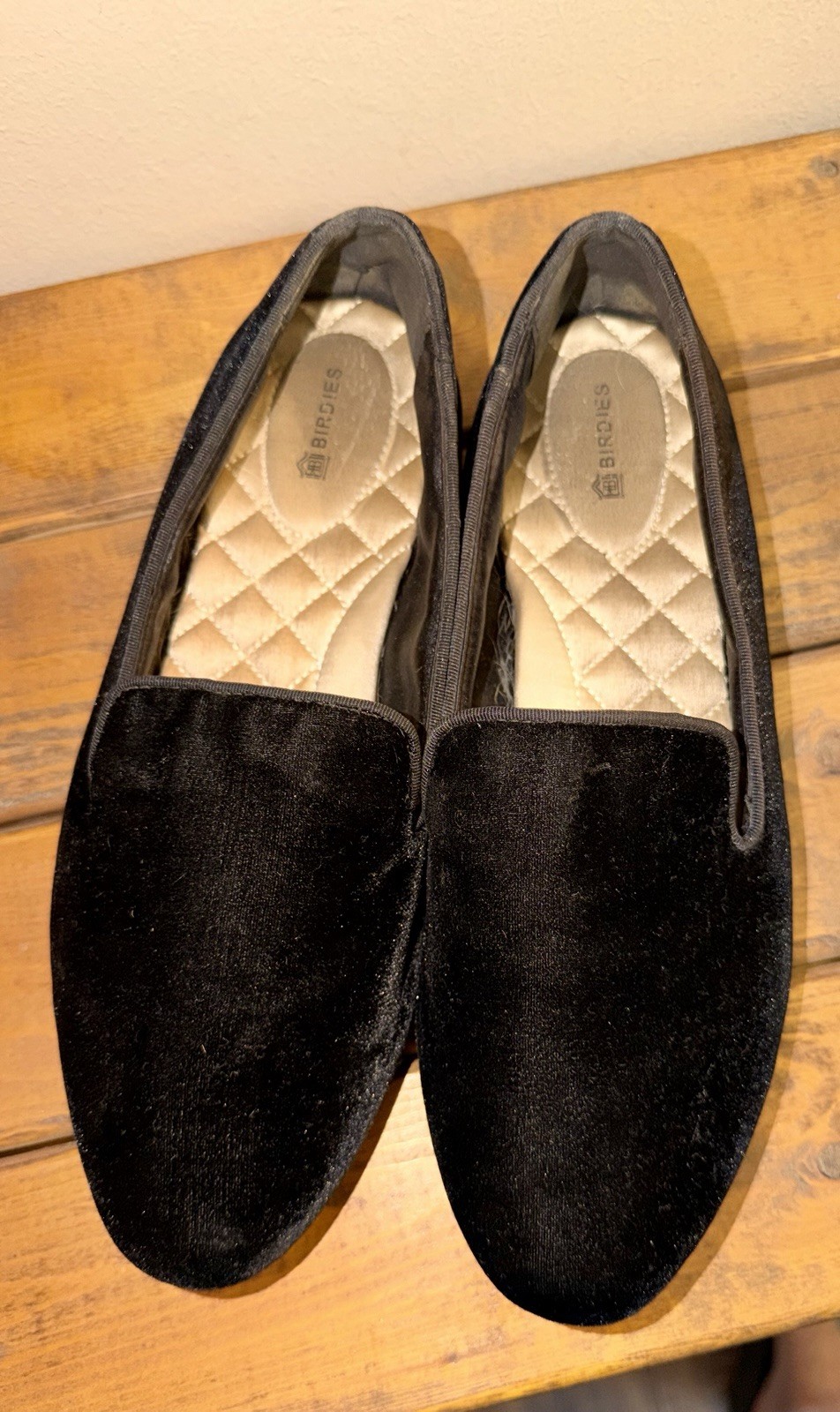 Birdies Black Fabric Slip-On Loafer Flats Quilted Logo Round Toe US 9.5
