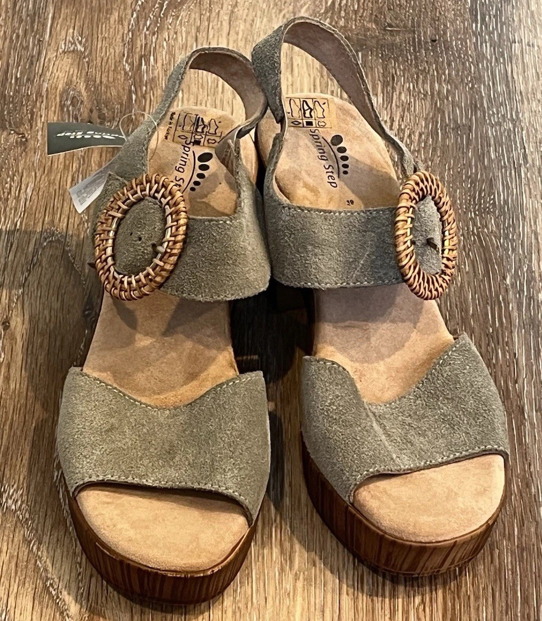 Spring Step Gamona Sandals Wood Platform Block Heel Green Rattan 39 US 8 NEW