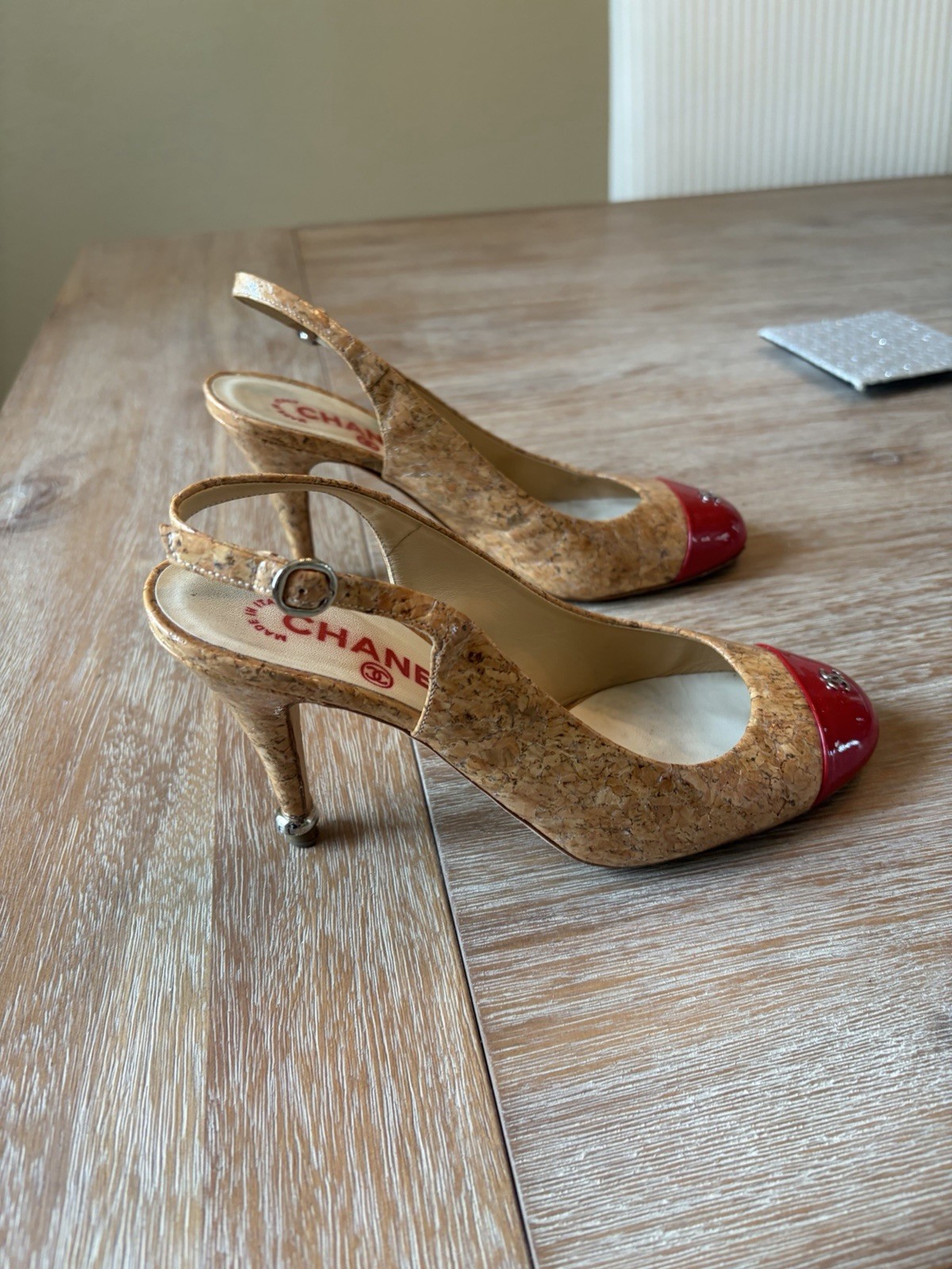 CHANEL Cork Slingback Heels Red Cap Toe CC Logo Buckle Women’s EU 38