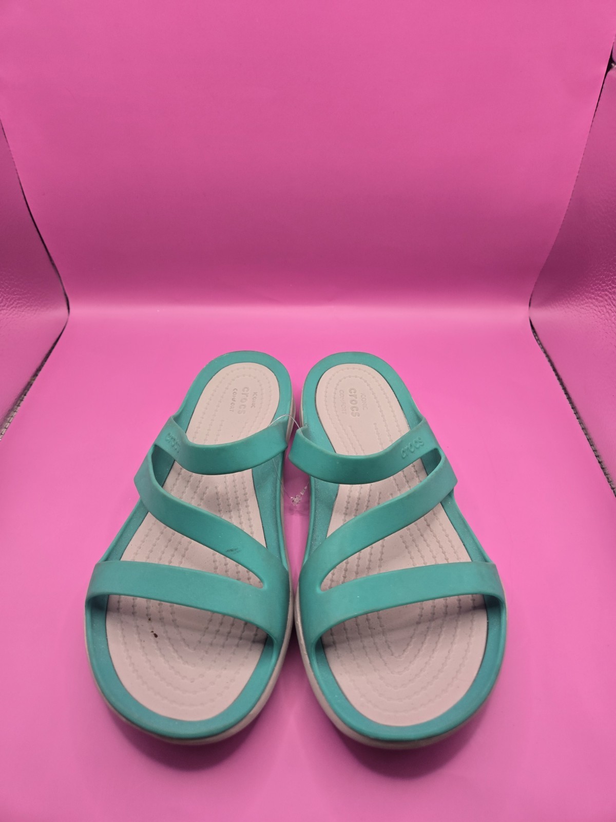 Crocs Iconic Comfort Womens Sz 7 W Teal Seafoam Green Sandals Slides Slip On