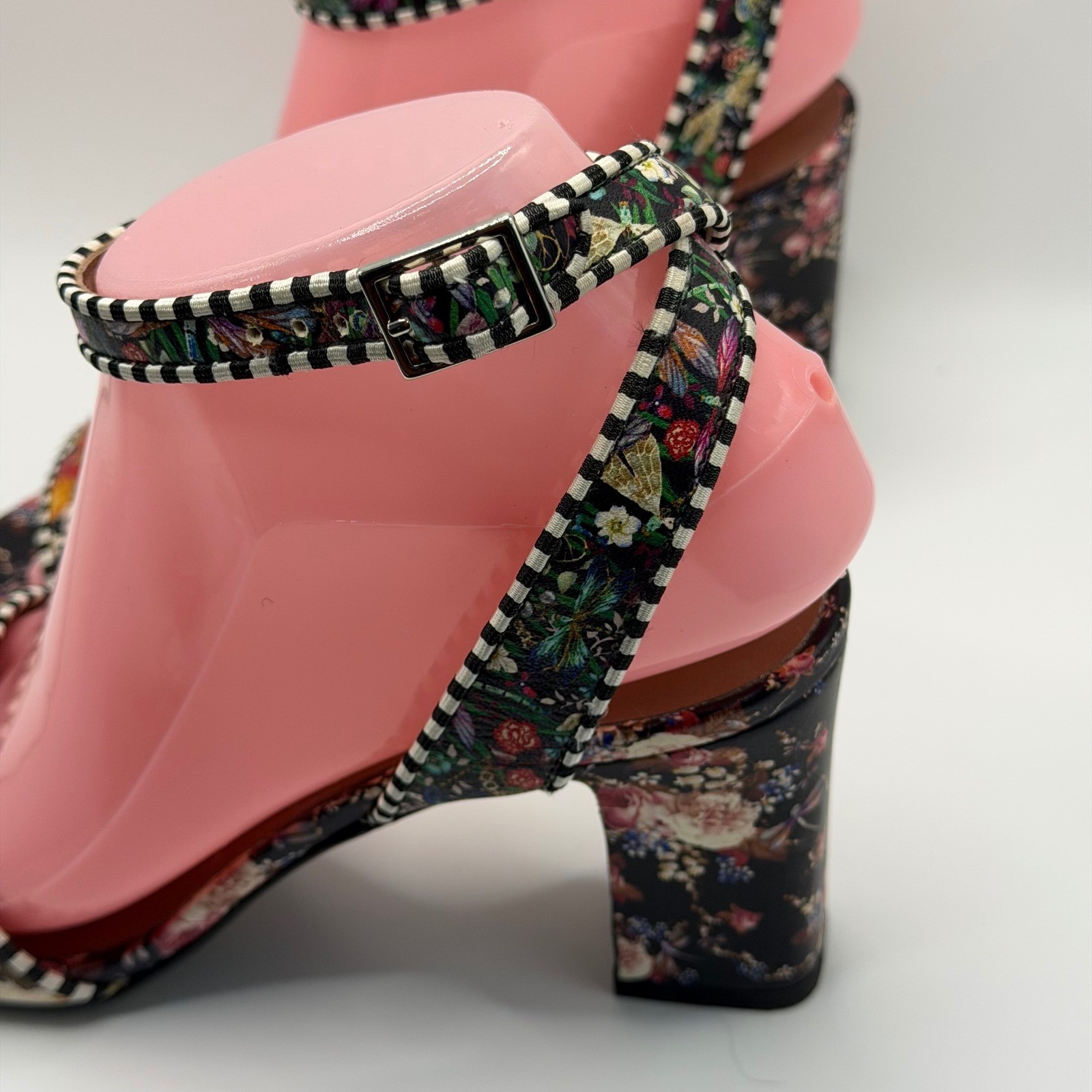 Tabitha Simmons Leticia Floral Block Heel Sandals Striped Trim Size 37
