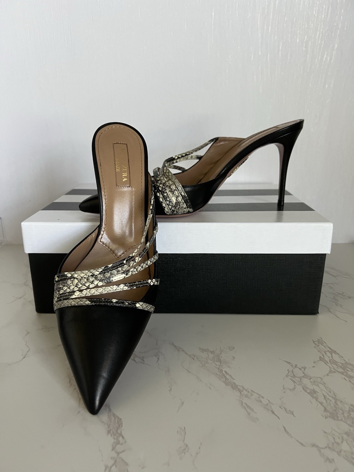 Aquazzura Black Nappa And Python Multi Strap Minou Mules 85 38.5