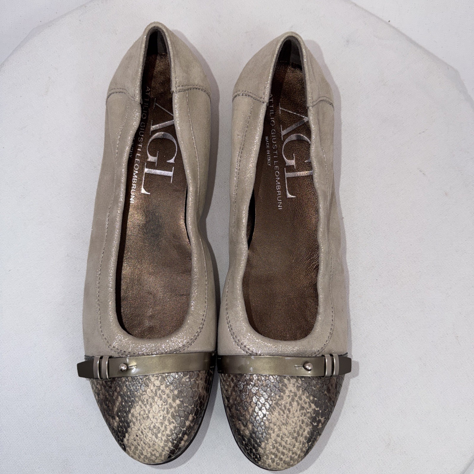 AGL Cap Toe Ballet Flat Women Sz 9.5 US 40 EU Snake Embossed Metallic Beige