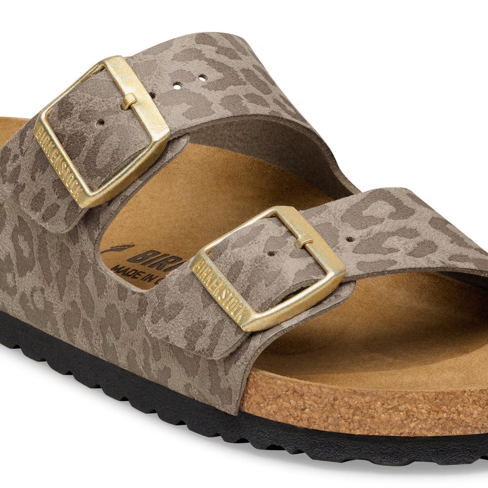 BIRKENSTOCK ARIZONA LEO GRAY TAUPE MEDIUM/NARROW WIDTH SLIDE SANDALS