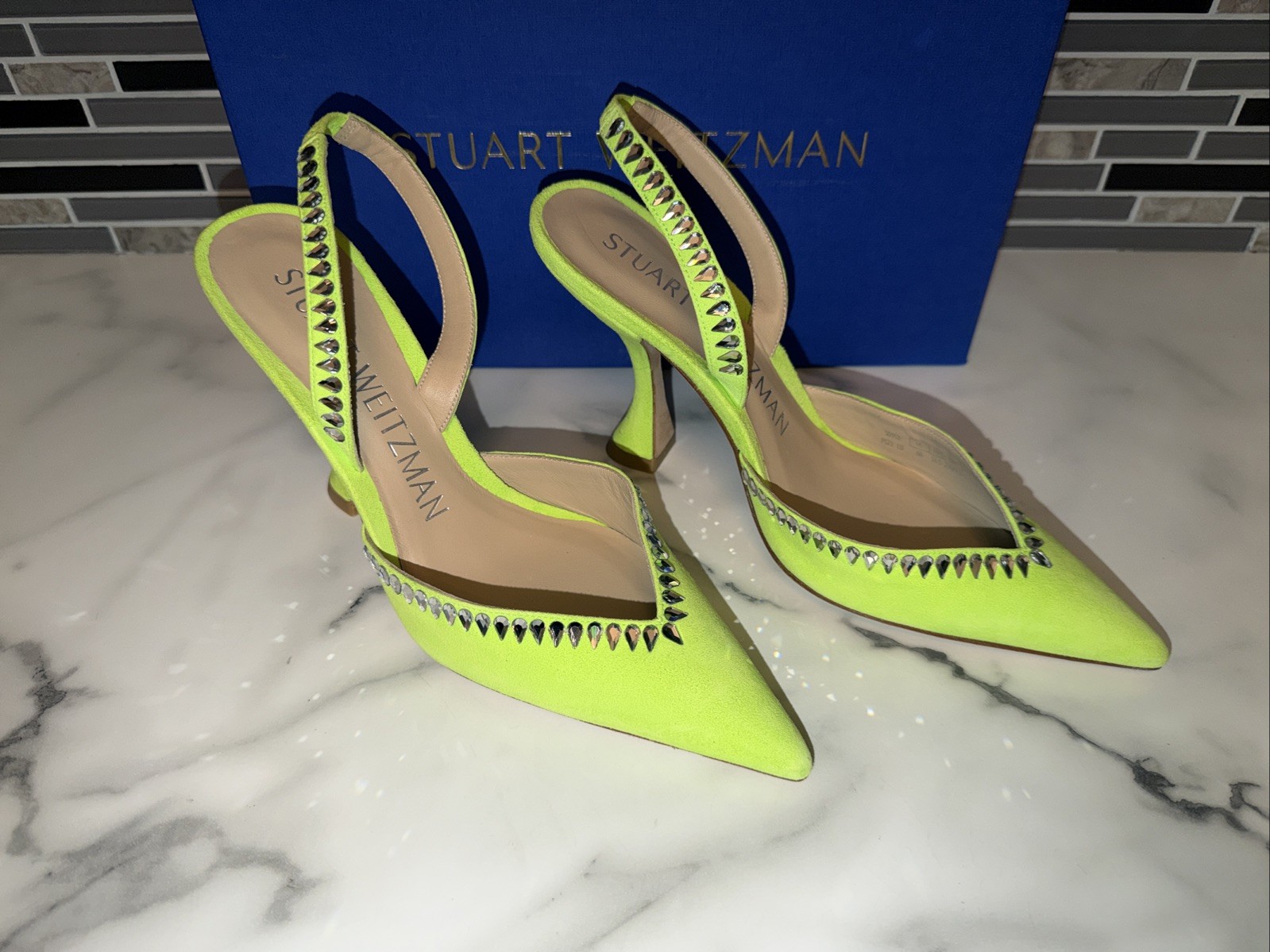 Stuart Weitzman GEMCUT XCURVE 100SLINGBACK Neon Green Suede Swarovski Crystal 6B