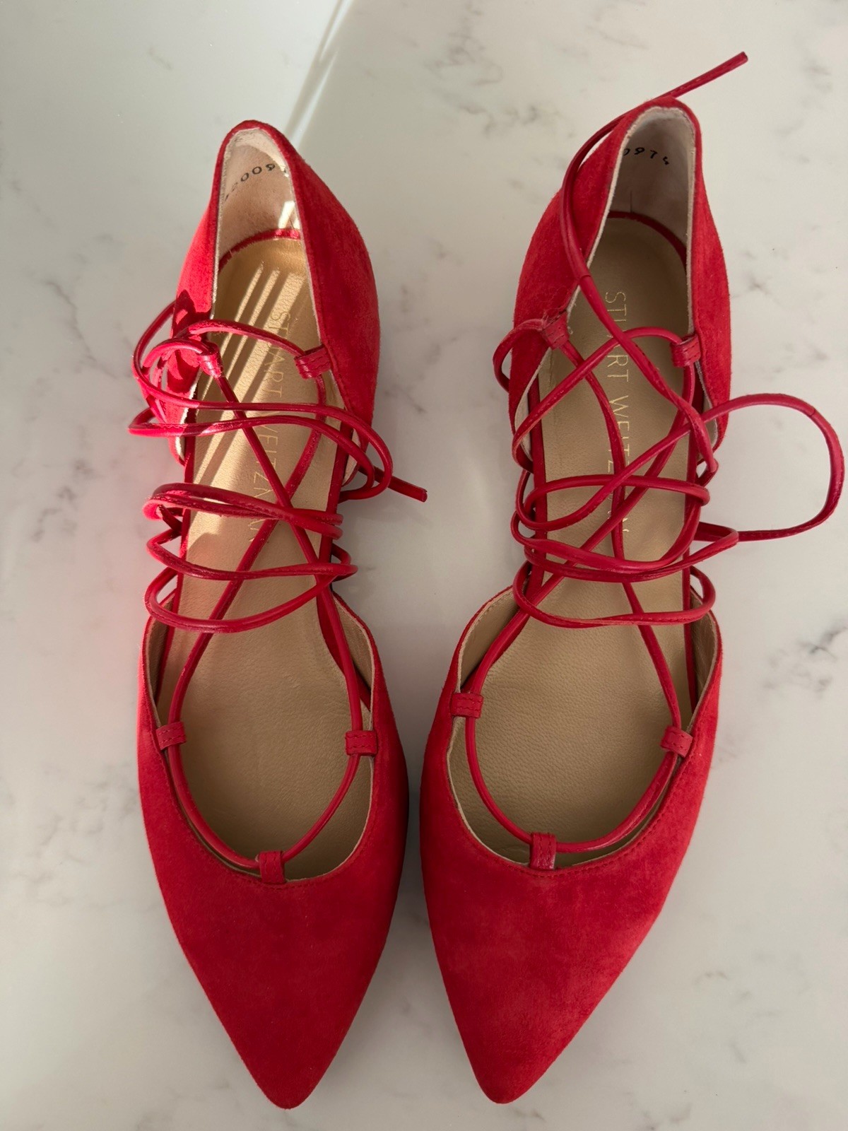 Stuart Weitzman Gilligan d’Orsay Flats in Bright Red Suede – NEW