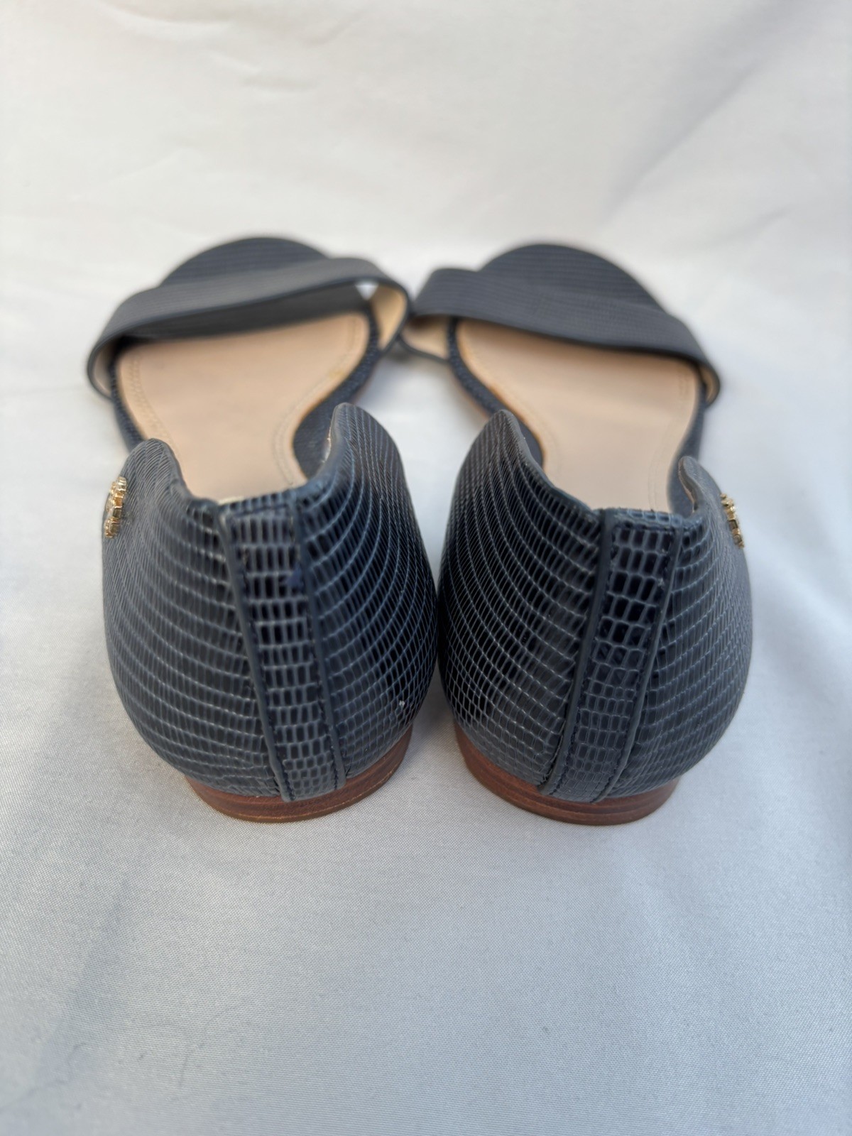 TORY BURCH Savannah Embossed Lizard Leather Sandals Sz 8 Navy Blue Flat Slip On