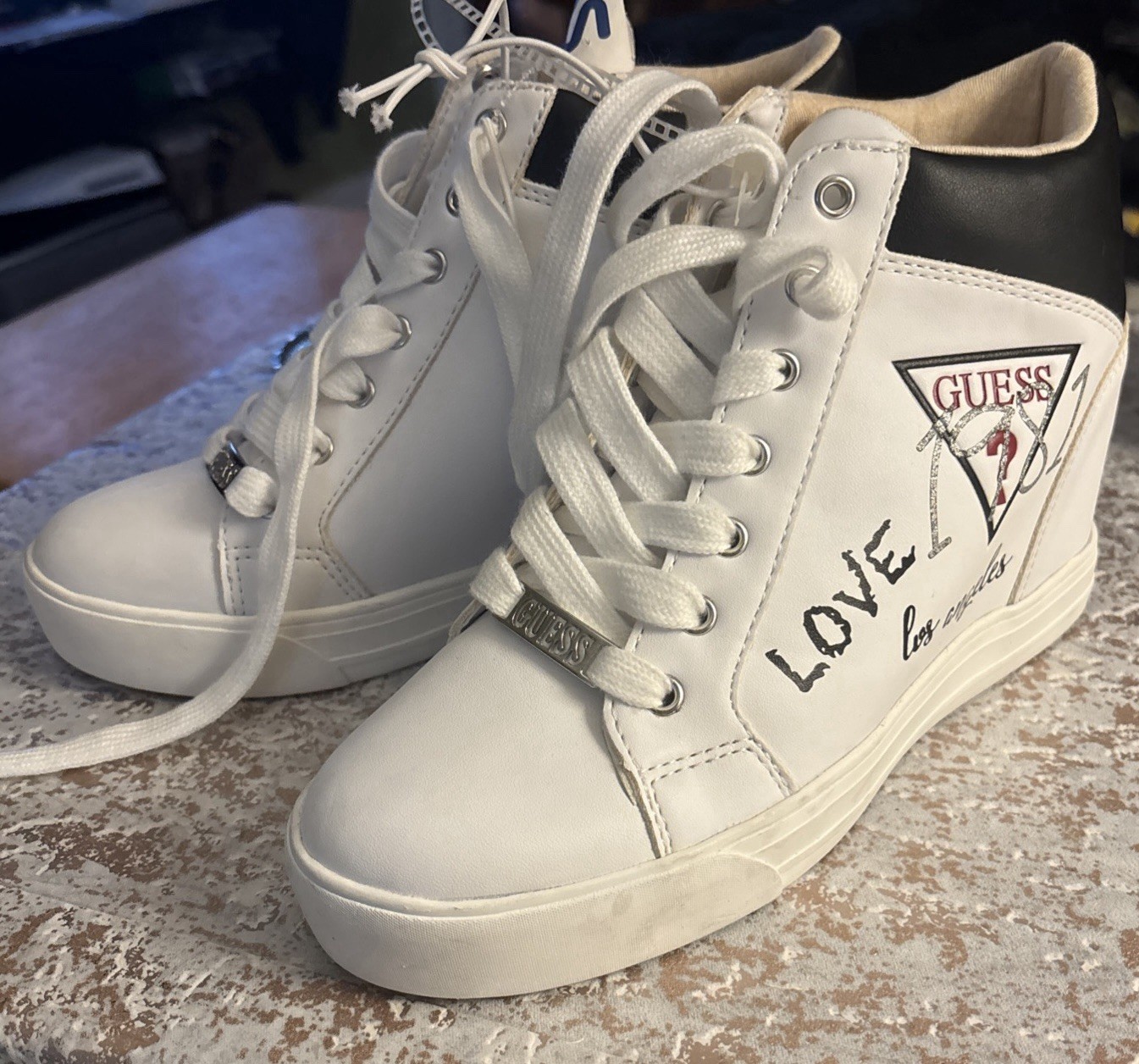 Guess High Top 1981 Womens Los Angeles Size 7 Hidden Heel/wedge Sneakers NEW
