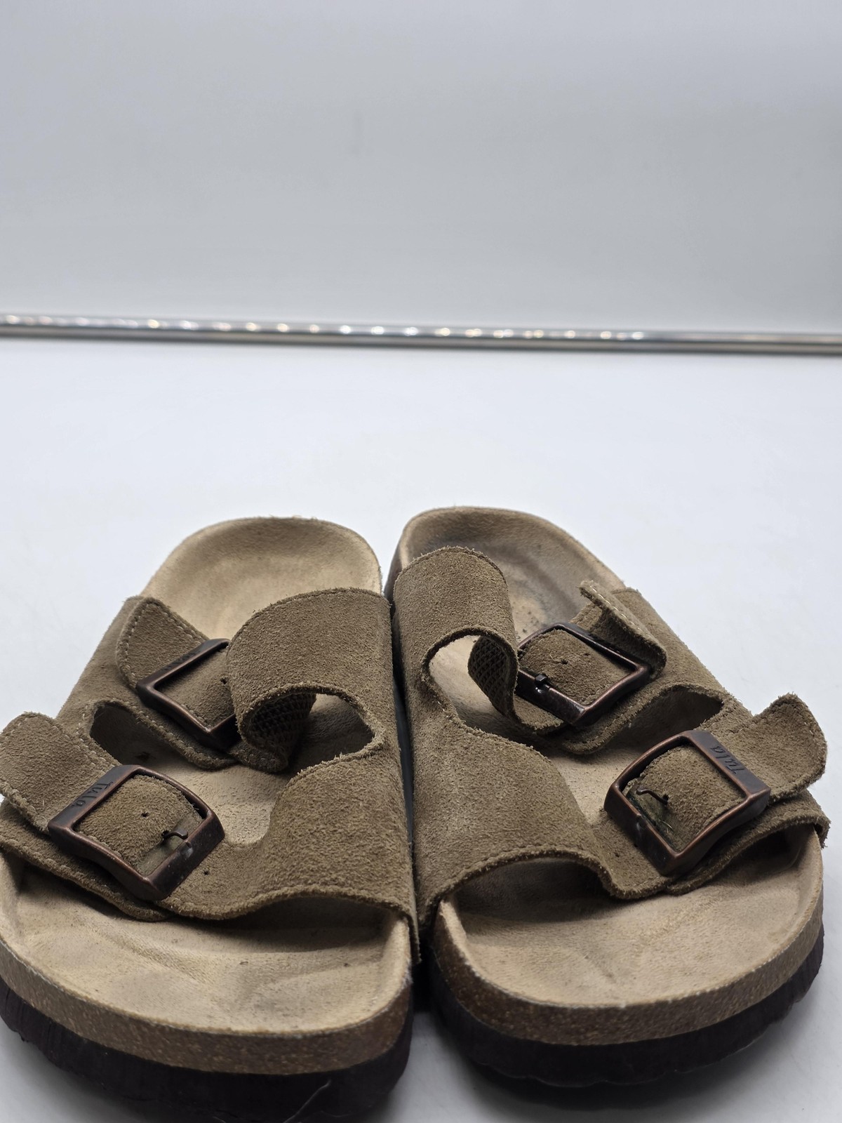 Tula Sandals Womens Size 9.5 40.5 Brown Suede Cork Slide Buckle Stains Shoes
