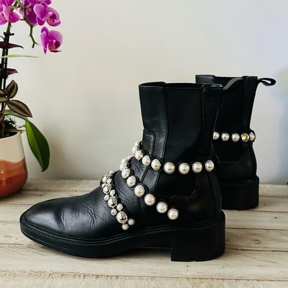 Zara Black Pearl-Embellished Strap Leather Ankle Boots – 6.5
