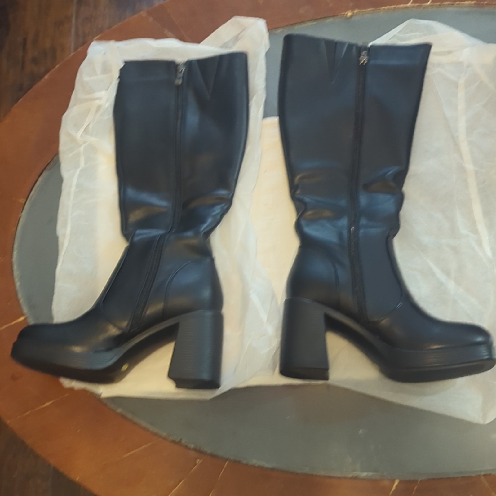 SOVANYOU Black Knee High Platform Boots Square Toe Side Zip Faux Leather 7.5