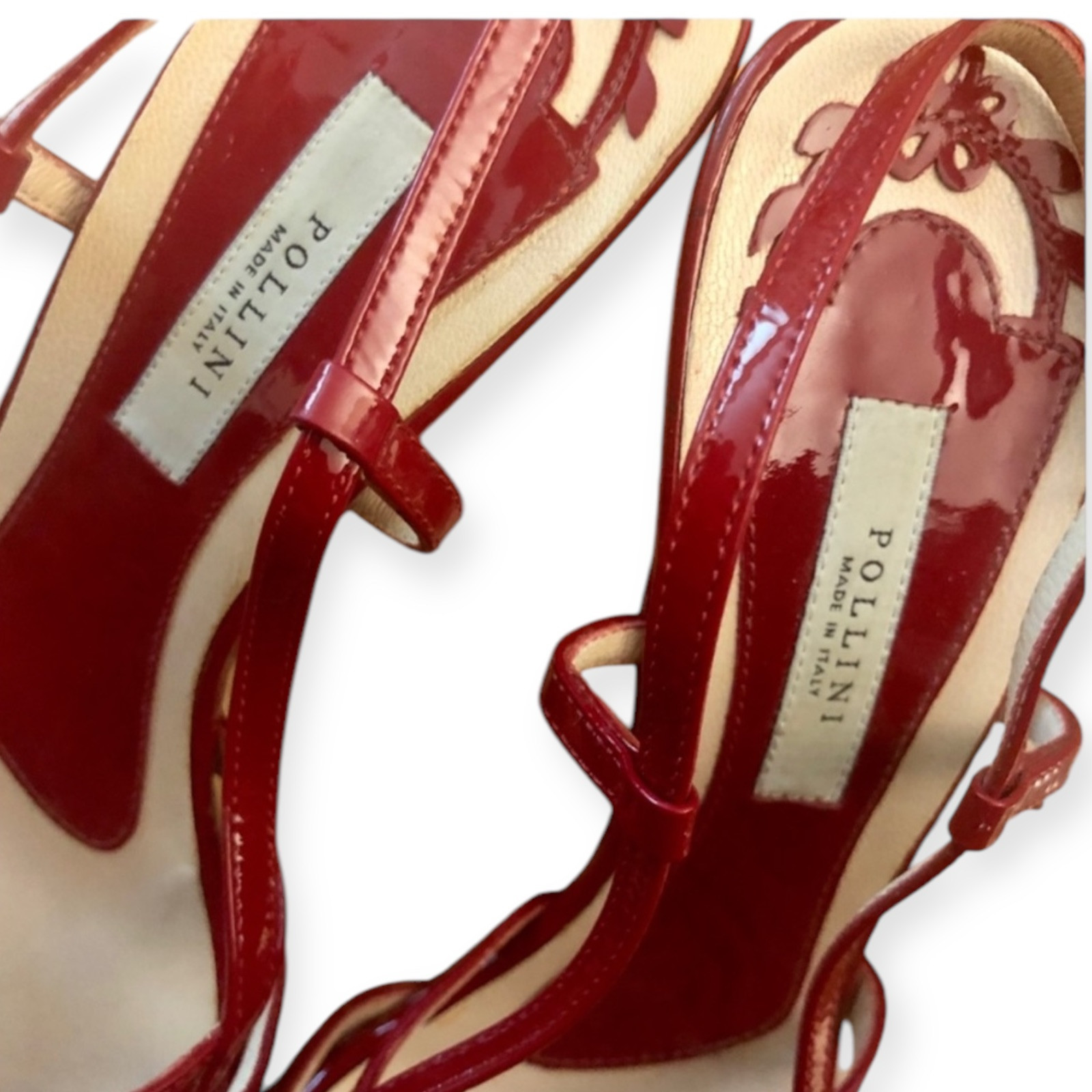 POLLINI Italy Red Patent Leather Sexy Sling Back Open Toed Stiletto Heels, 37/7