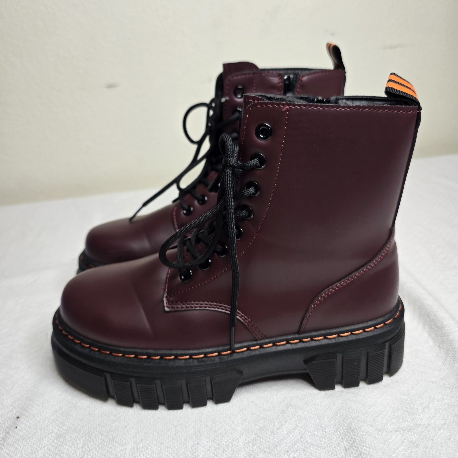 Women’s Burgundy Combat Ankle Boots Lace Up Side Zip Round Toe NELLY-1 Size 10