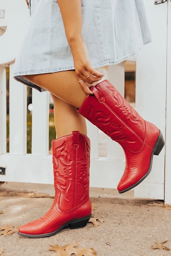 New Red Embroidered Western Cowboy Cowgirl Mid Calf Boots Low Block Heel Pull-On