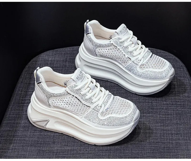 7cm Air Mesh Microfiber Leather Chunky Sneaker Shoes Women Platform Wedge Comfy