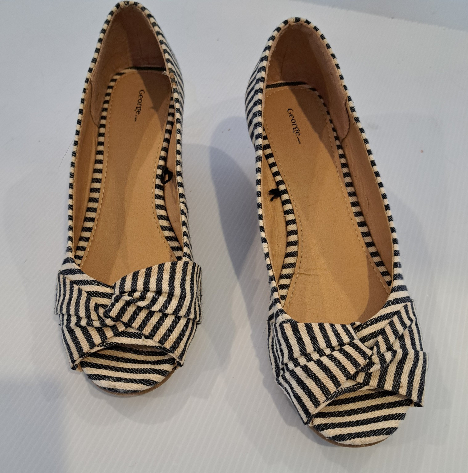 George Striped Flat Slip Ons Black & White Cork Sole and Wed Heel Size 9