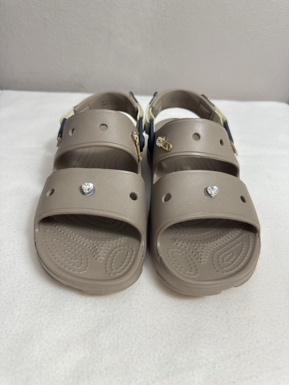 NWT Crocs All Terrain Sandal Taupe Beige Gold Jibbitz Charms Size W9 M7