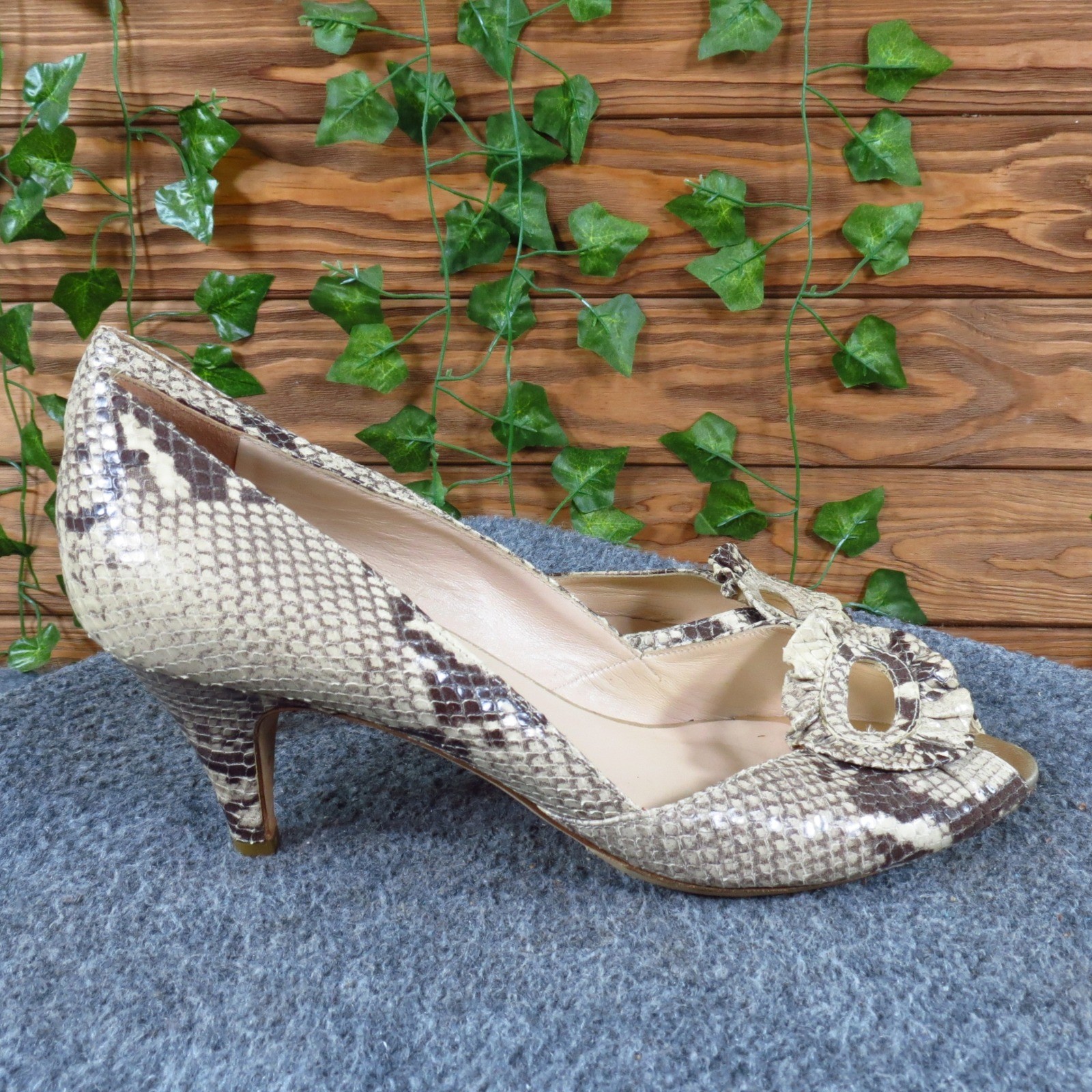 Loeffler Randall Women Peep Toe Pump 10.5 Professional Snakeskin Leather Beige