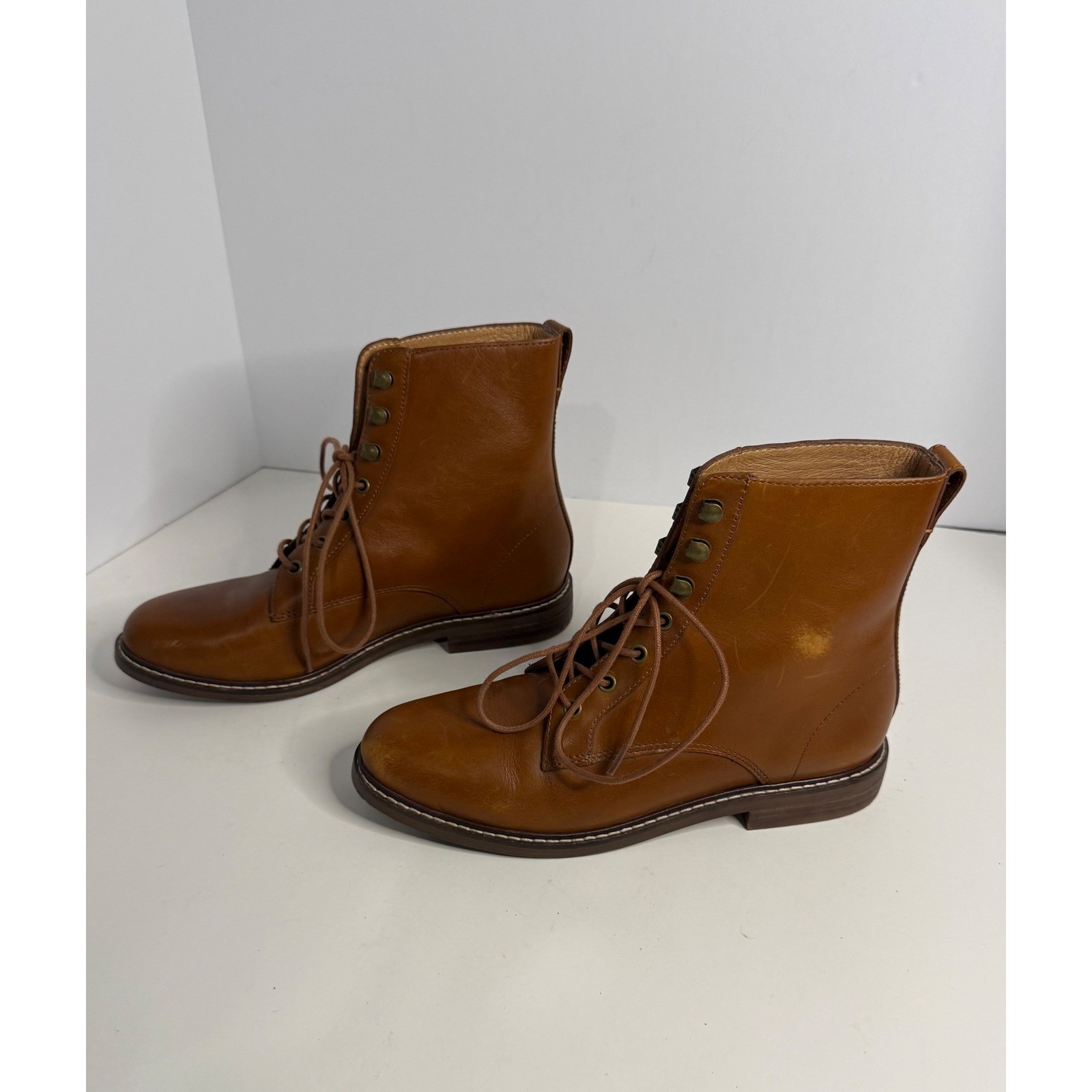 Madewell English Saddle Leather Lace Up Combat Boots NA974 Brown Womens Size 8