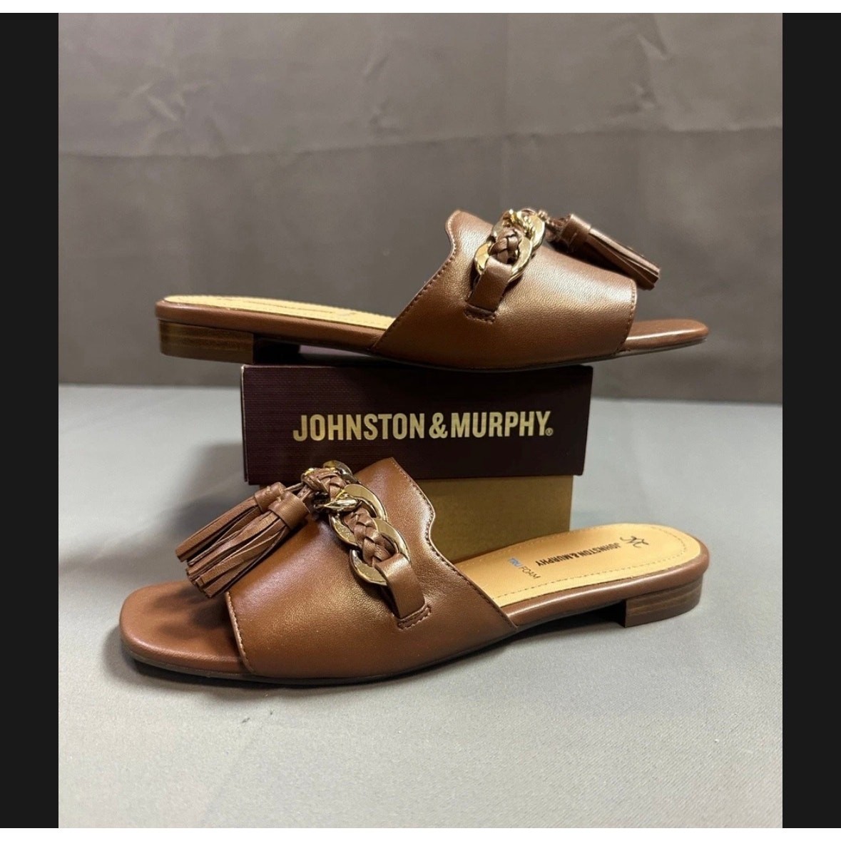 New Johnston & Murphy LILLY Chain Slide Sandals In Cognac Glove – Women’s 9.5