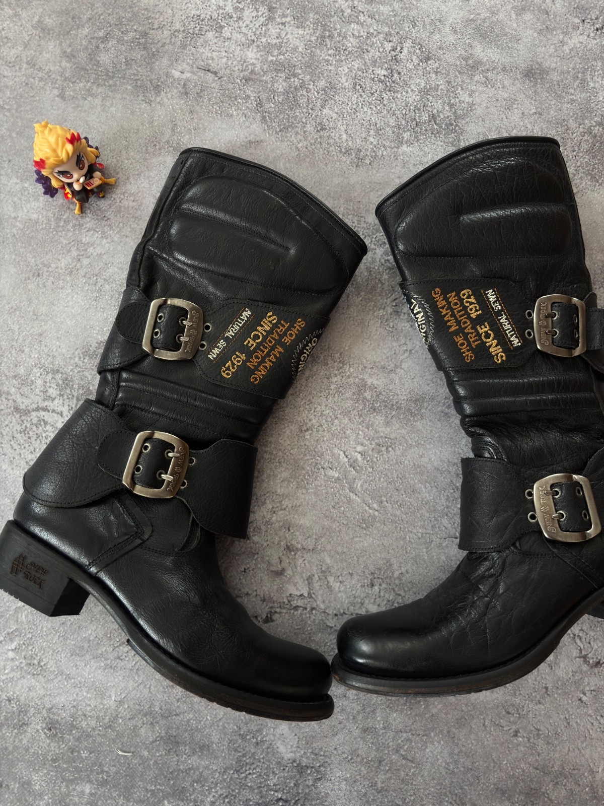 Vintage Biker Engineer Boots Black Leather Made in Spain Buckle Moto Punk Grunge