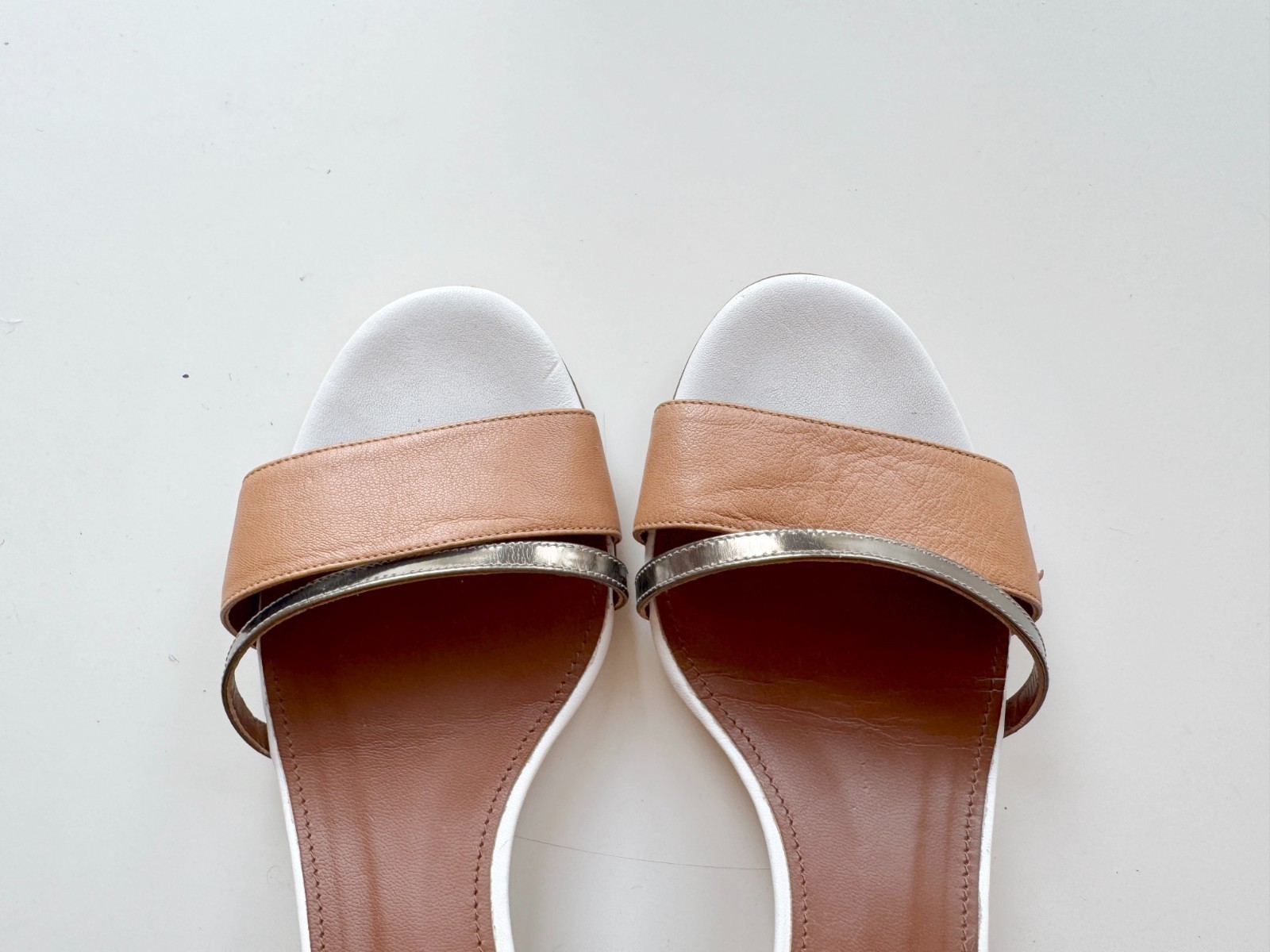 MAIYET Brown White Gold Colorblock Studded Stacked Block Heel Sandals, Size 39