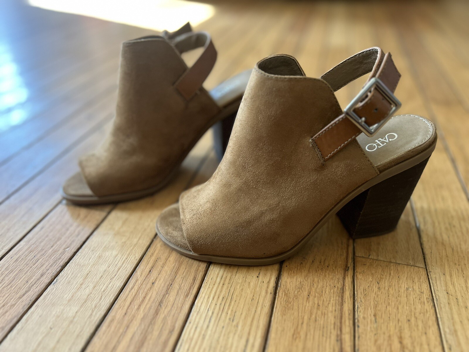 Cato Tan Velvet Textile Peep Toe Sling Back Chunky Heels Shoes Size 8 Bootie Y2K