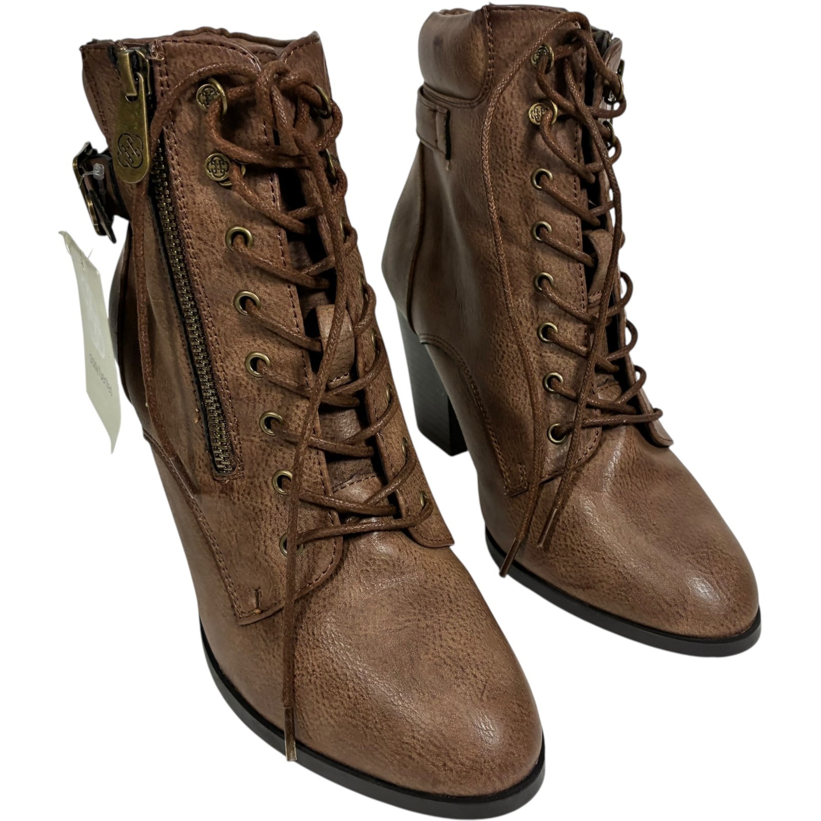 Daisy Fuentes Calida Brown PU 3.5in Block Heel Zip Ankle Booties womens size 9W