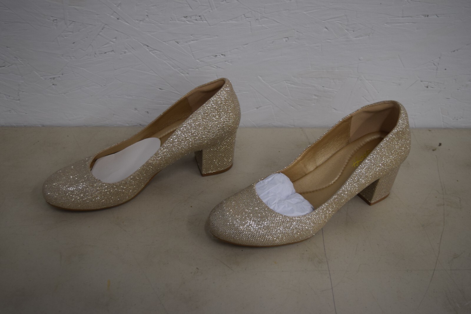 Mysoft Gold Glitter Chunky Heel Pumps Size 10