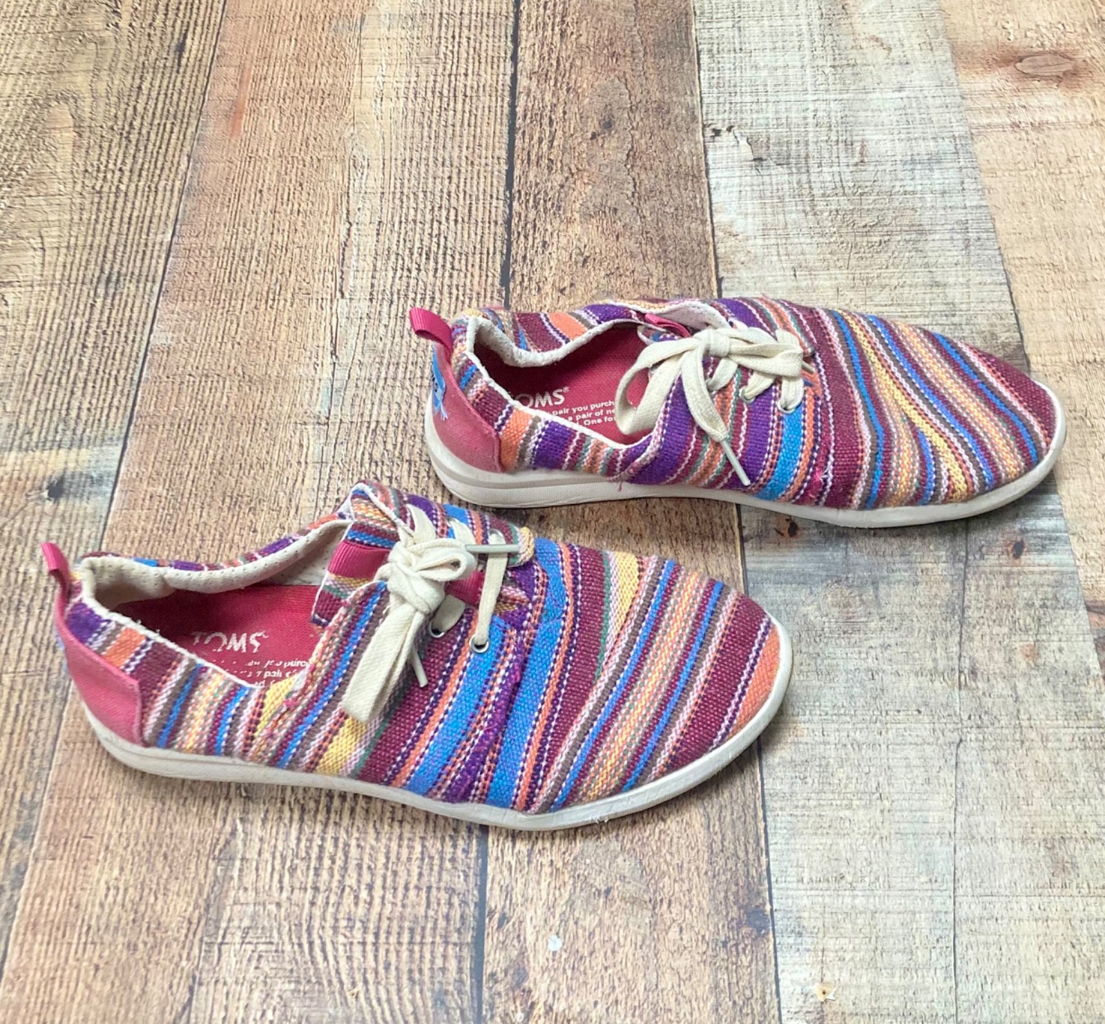 TOMS Del Rey Womens Size 8 Multi Color Striped Woven Lace Up Sneakers Boho Shoes