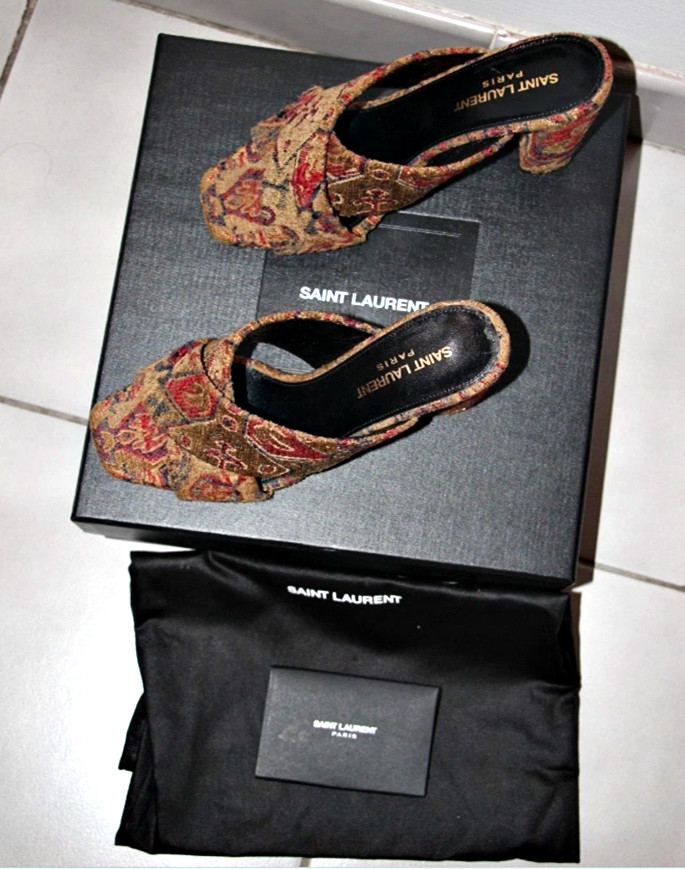 Saint Laurent LOULOU 95 SAFFRON ROUGE Jacquard Logo Heels Mule sz US 6 IT36 $895