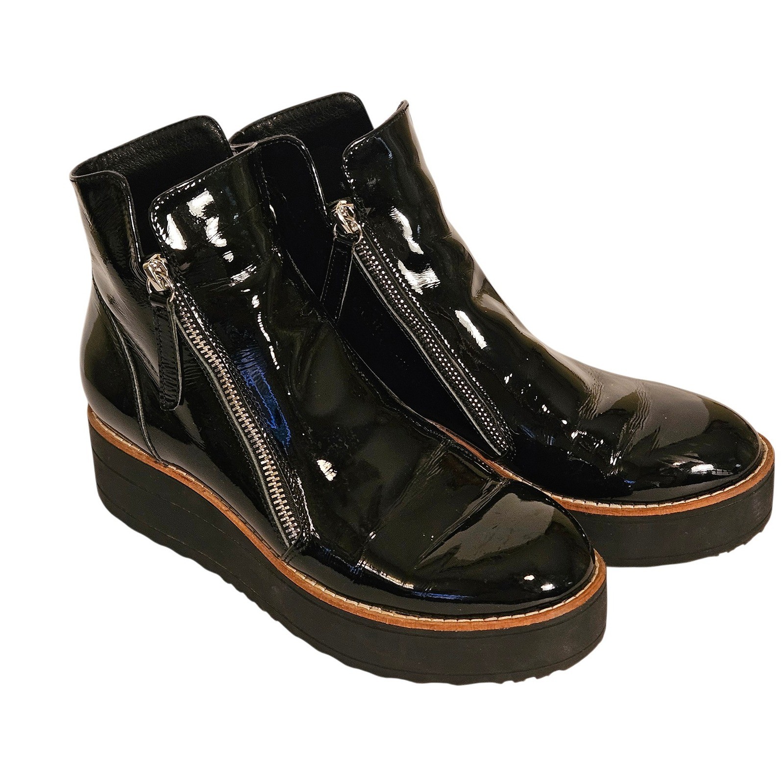Silent D Black Patent Leather Platform Wedge Ankle Boots Double Zip Womens 38