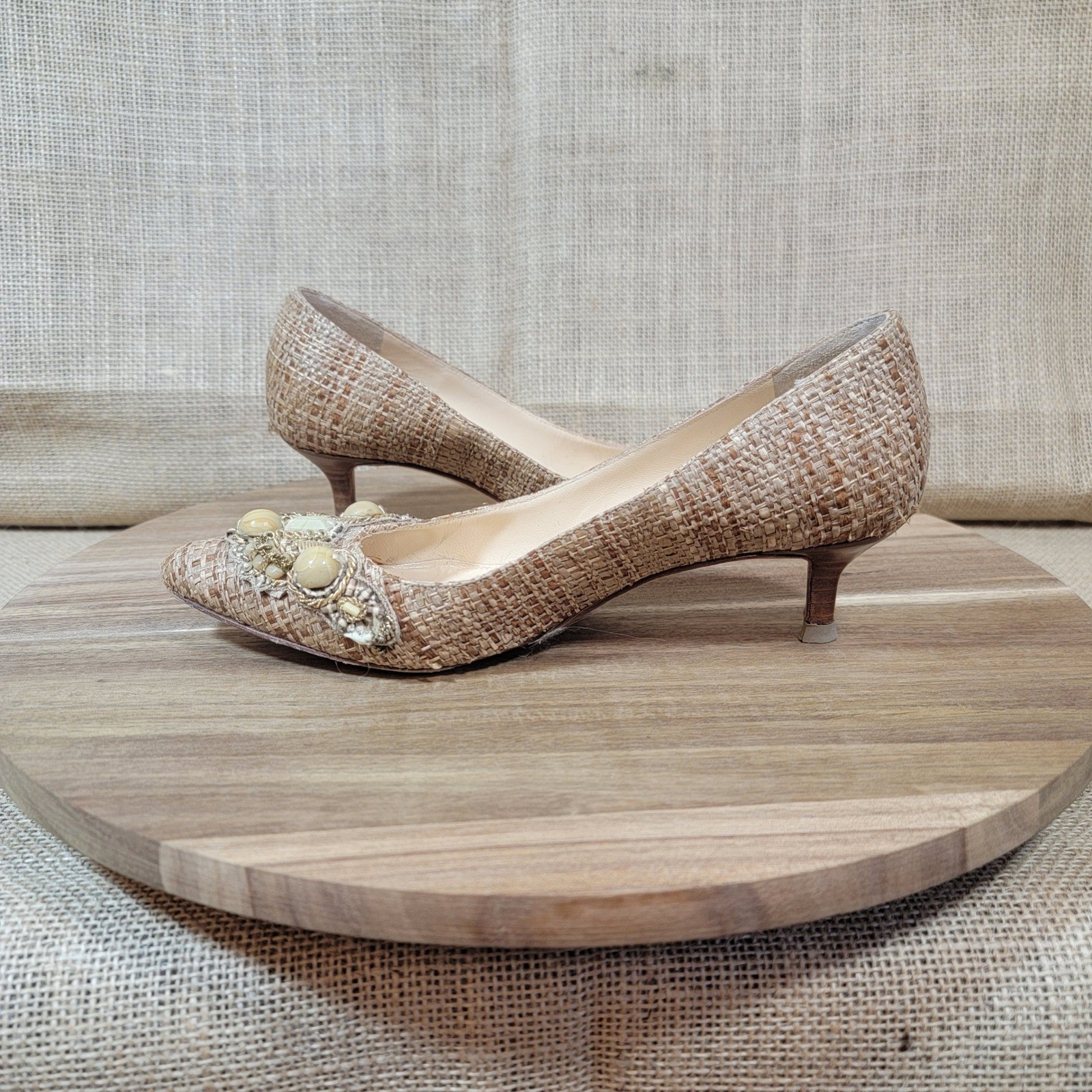 Oscar de la Renta Embellished Woven Kitten Heel Designer Shoes EU Size 35 US 5