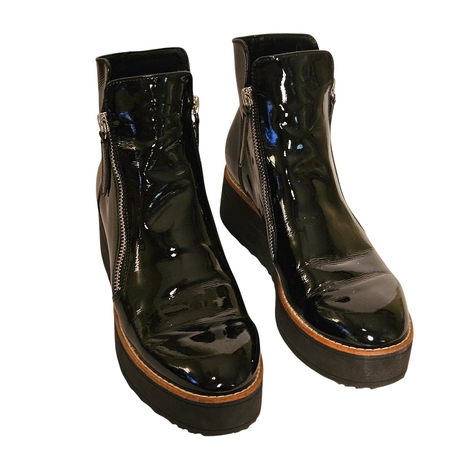 Silent D Black Patent Leather Platform Wedge Ankle Boots Double Zip Womens 38