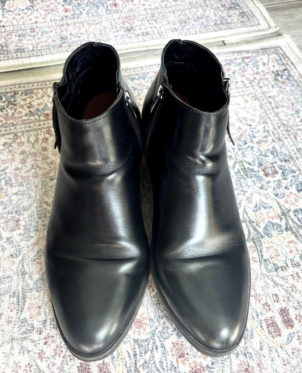 Vepose Black Leather Side Zip Ankle Boots Stacked Heel Rubber Sole Booties~11
