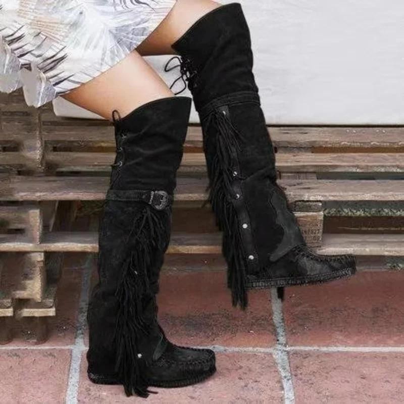 Fashion Bohemia Knee-length Women Boots Ethnic Personality High Boot Tassels Fau