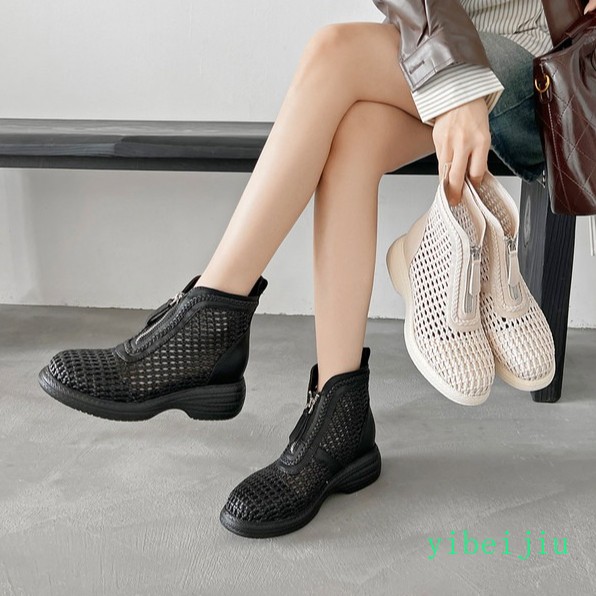 Women’s Weave Woven Zipper Leather Ankle Boots Platform Hollow Out Shoes Soft SZ