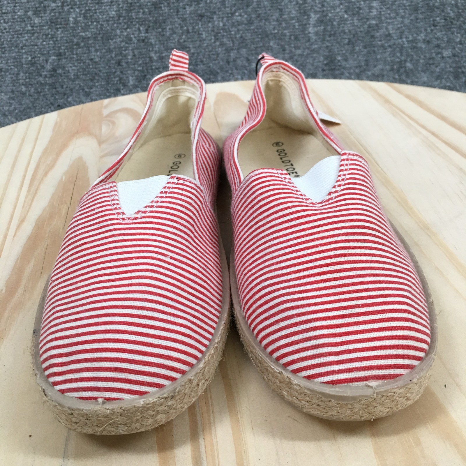Gold Toe Shoes Womens 9 Slip On Sneakers Red White Stripe Canvas Casual NEW