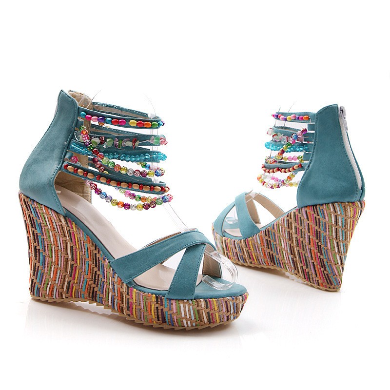 Bohemian Women’s High Wedge Heesl Beaded Sandals Shoes Plus Size Buckle Platform