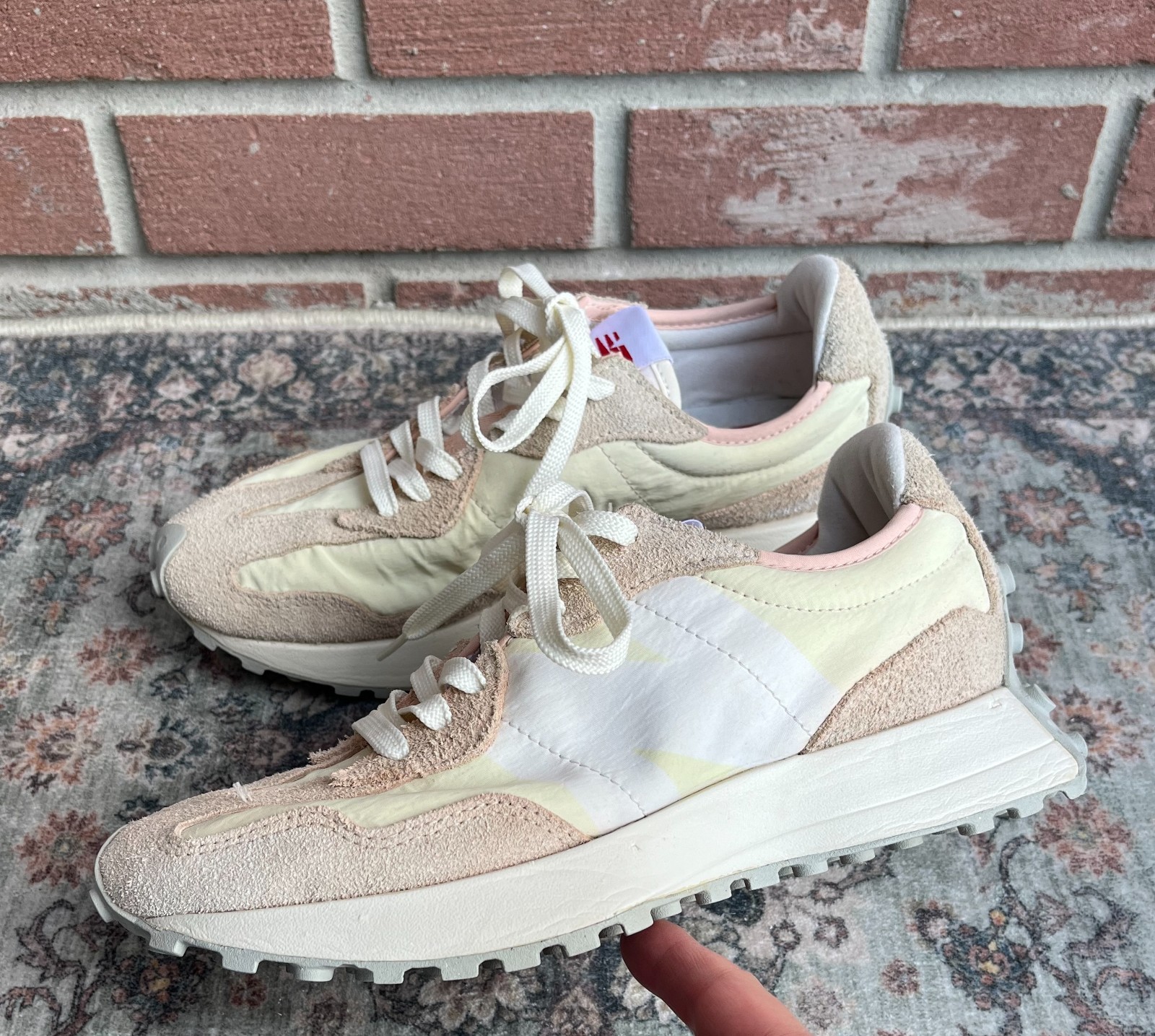 New Balance 327 Split Color Yellow Pink Suede Sneakers / Size Women 8.5 Men 7