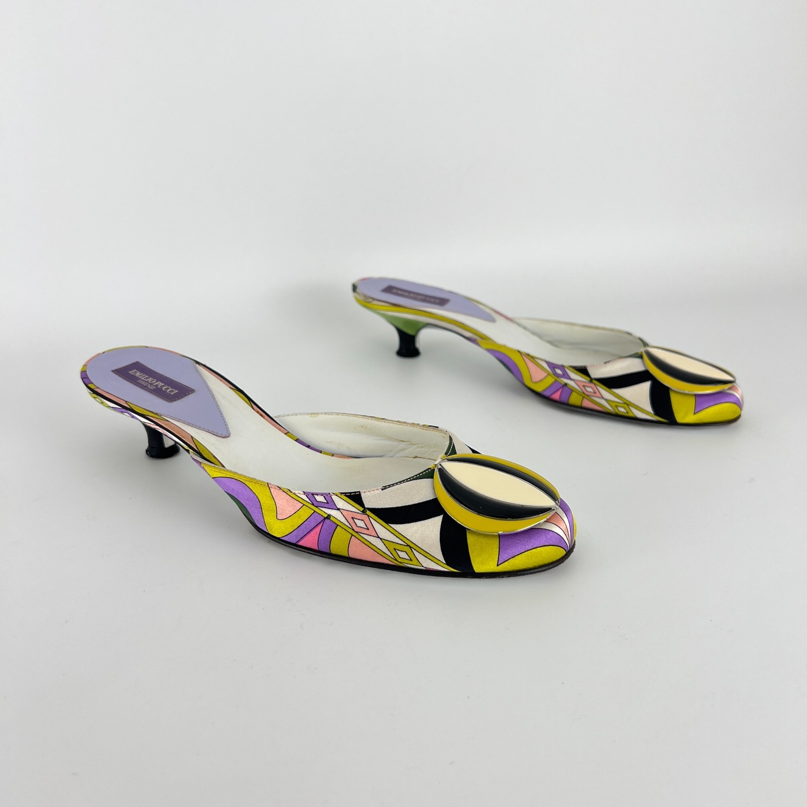 Pucci | Auth Vint Sphere Hardware Multicolor Yellow Pink Kitten Heel Mules (36)