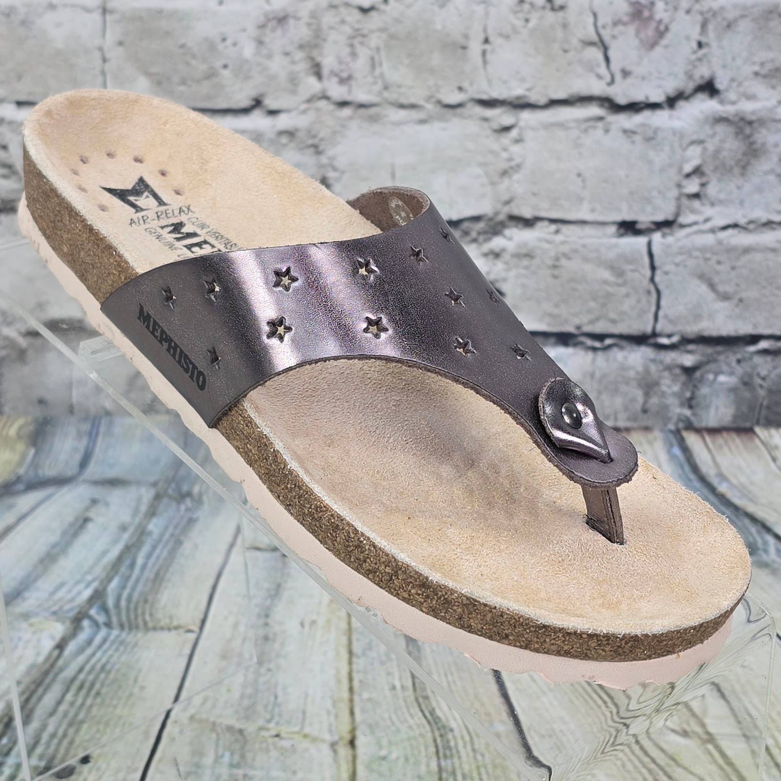 Mephisto Nikie Star Sandals Womens 35 5 Metallic Pewter Leather Cork Thong Slide