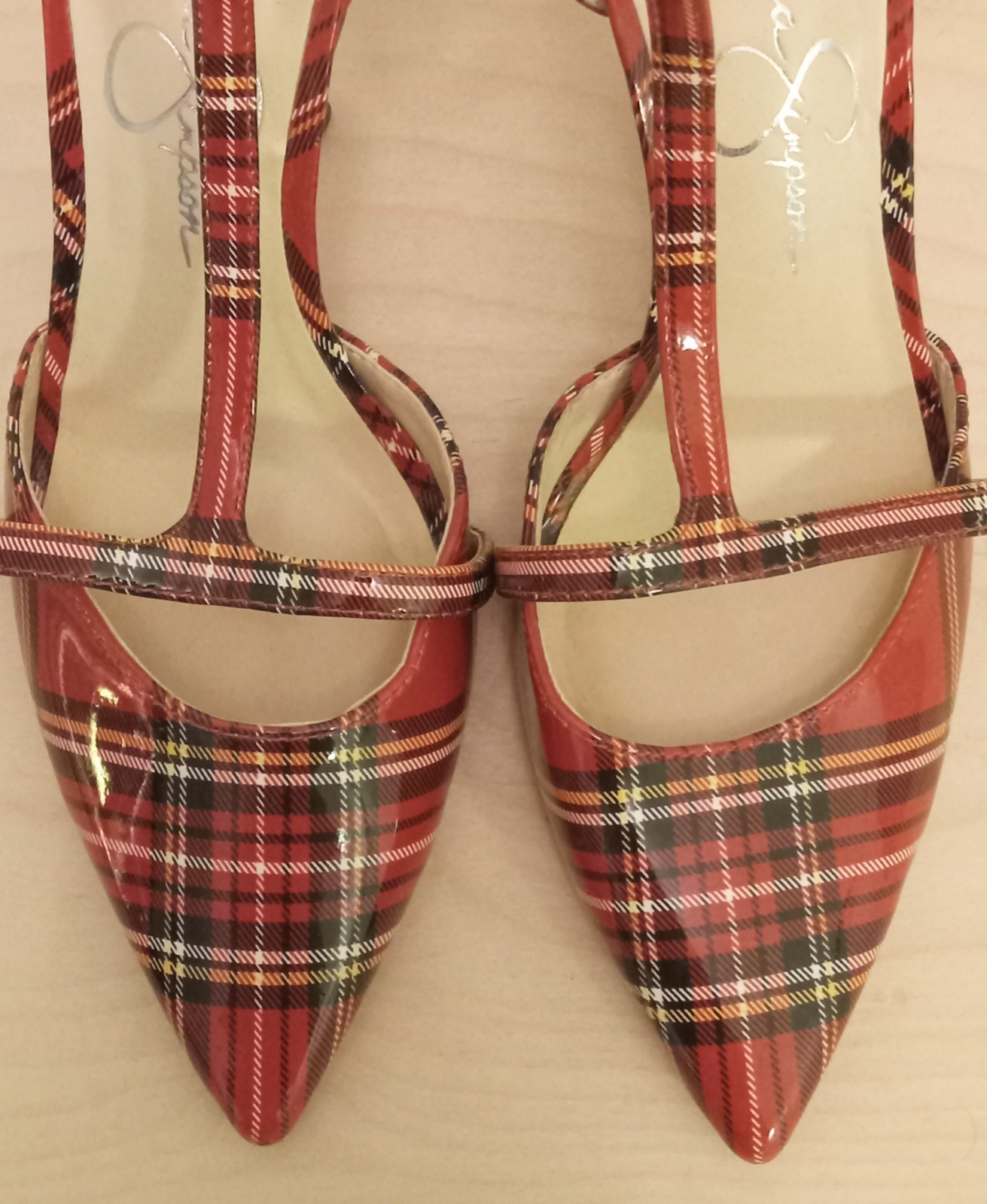 Jessica Simpson Red Plaid Pointed-Toe Ankle-Strap Heels