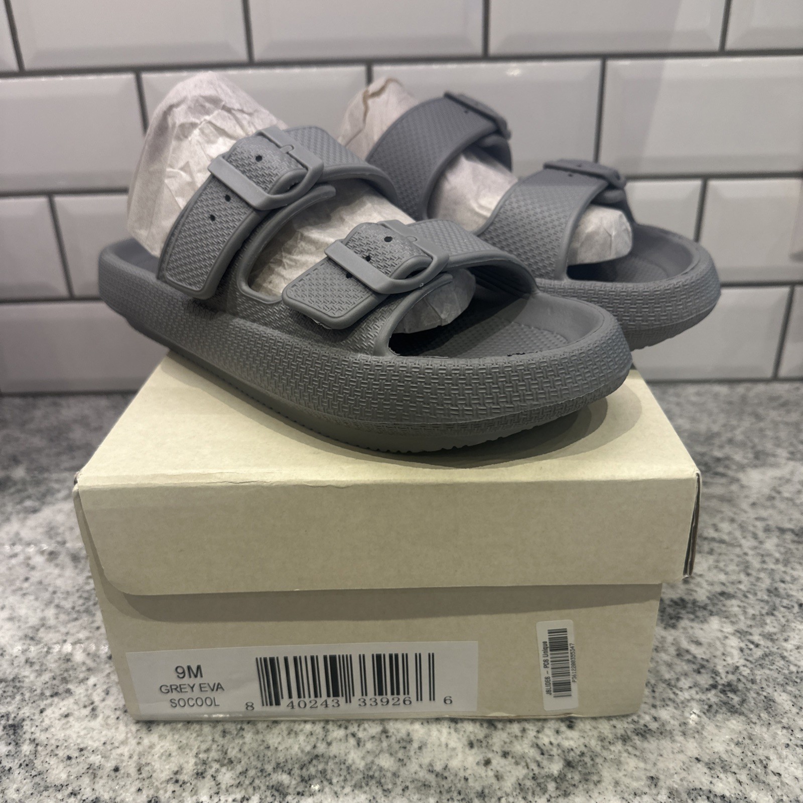 J Slides Beach Size 9 M Grey Eva Two Strap Buckle Summer Sandals Comfort New
