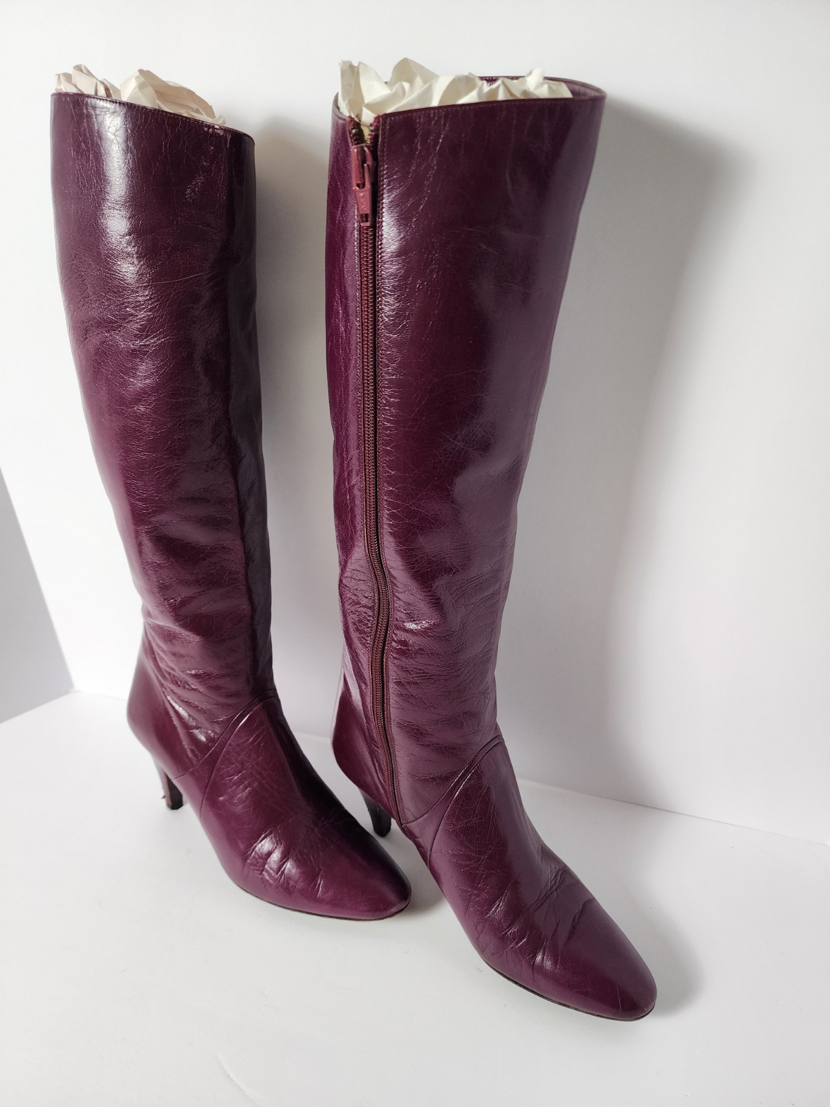 ​Vintage 80’s BRUNO MAGLI Plum Purple Leather Knee High Boots Italy 7.5 AA Slim