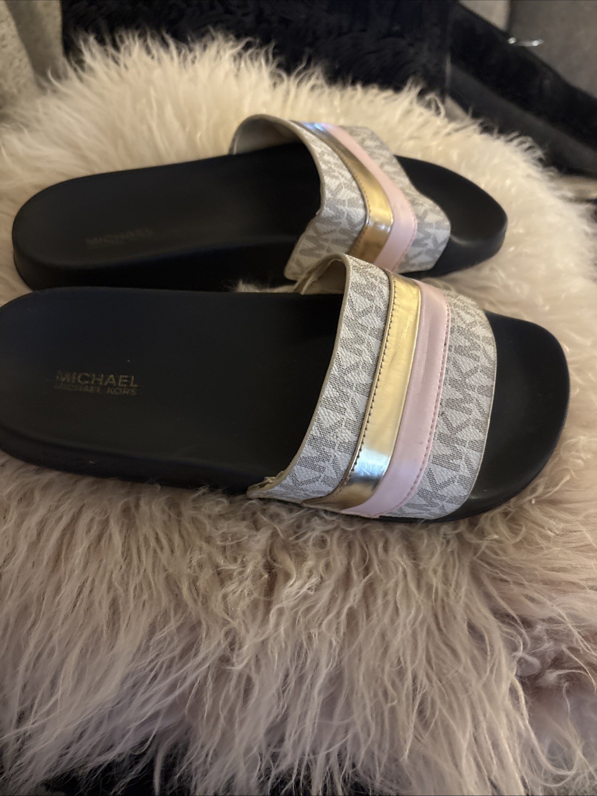 Michael Kors Brandy Slide Sandals Vanilla Multi Color Logo Slip On Size 8