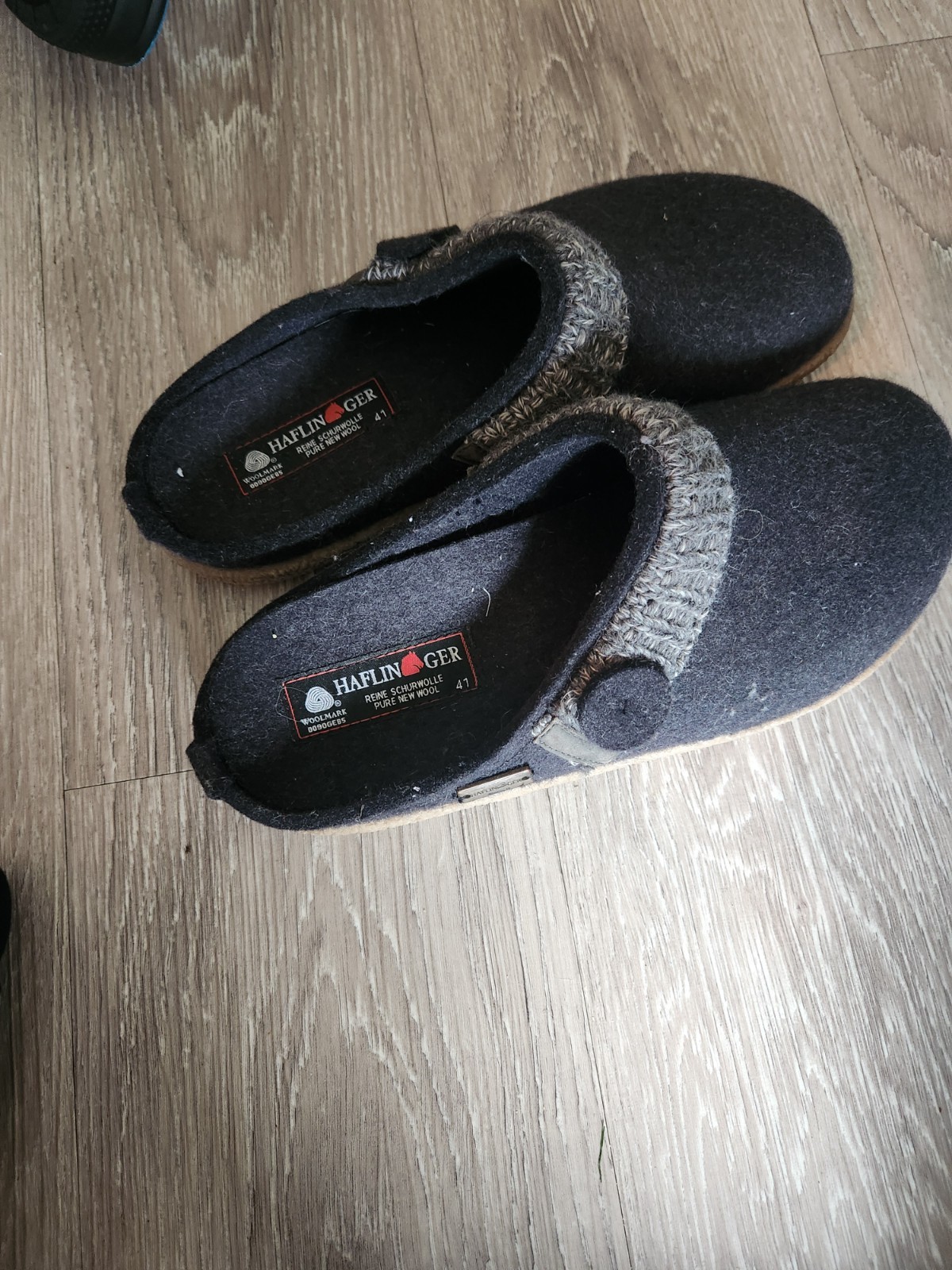 Haflinger 41, wool slipper, dark gray w light gray detail, rubber sole