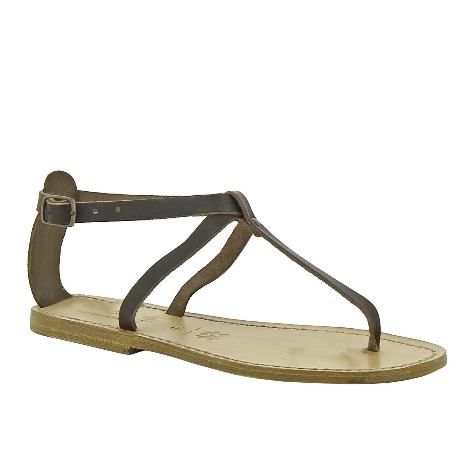 Handmade t-strap dark brown leather flat sandals for women